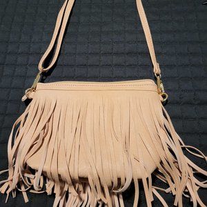 Faux Leather Neutral Tan Fringe Bag with Adjustable Strap